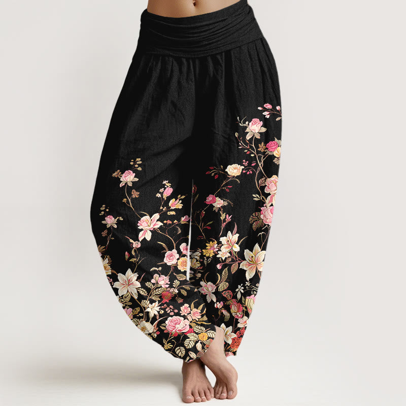 Buddha Stones Harembroek voor dames met elastische Taille en prachtig kleurrijk bloemenpatroon van 100% Cotton - Zwart - US16, UK/AU20, EU48 (3XL) - image 0