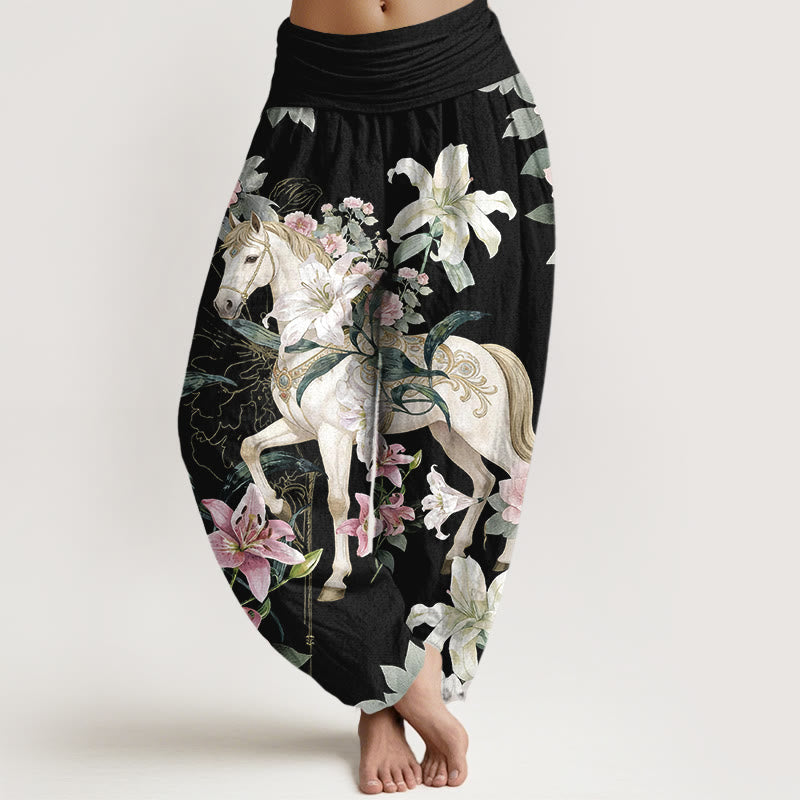 Buddha Stones Harembroek voor dames met elastische Taille en romantisch patroon van paarden, lelies en pioenrozen van 100% Cotton - Zwart - US16, UK/AU20, EU48 (3XL) - image 0