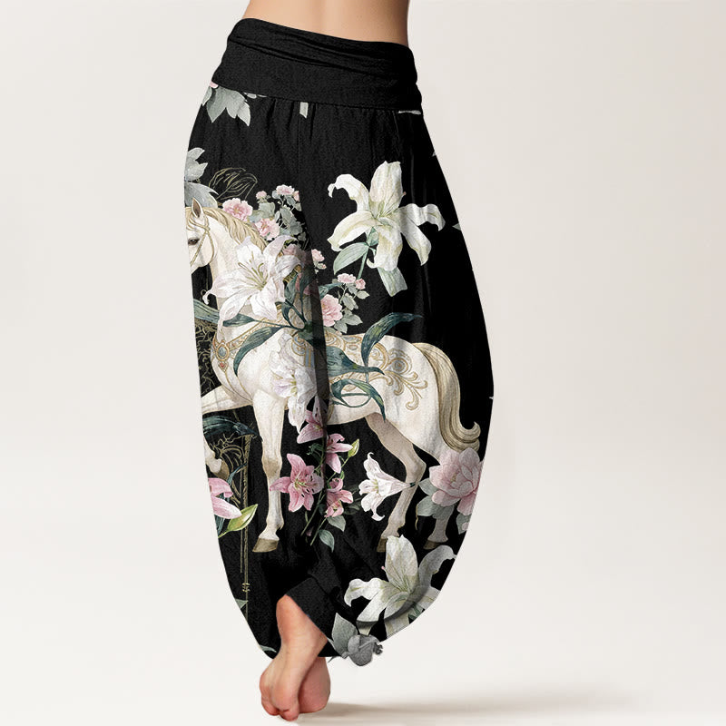 Buddha Stones Harembroek voor dames met elastische Taille en romantisch patroon van paarden, lelies en pioenrozen van 100% Cotton - image 1