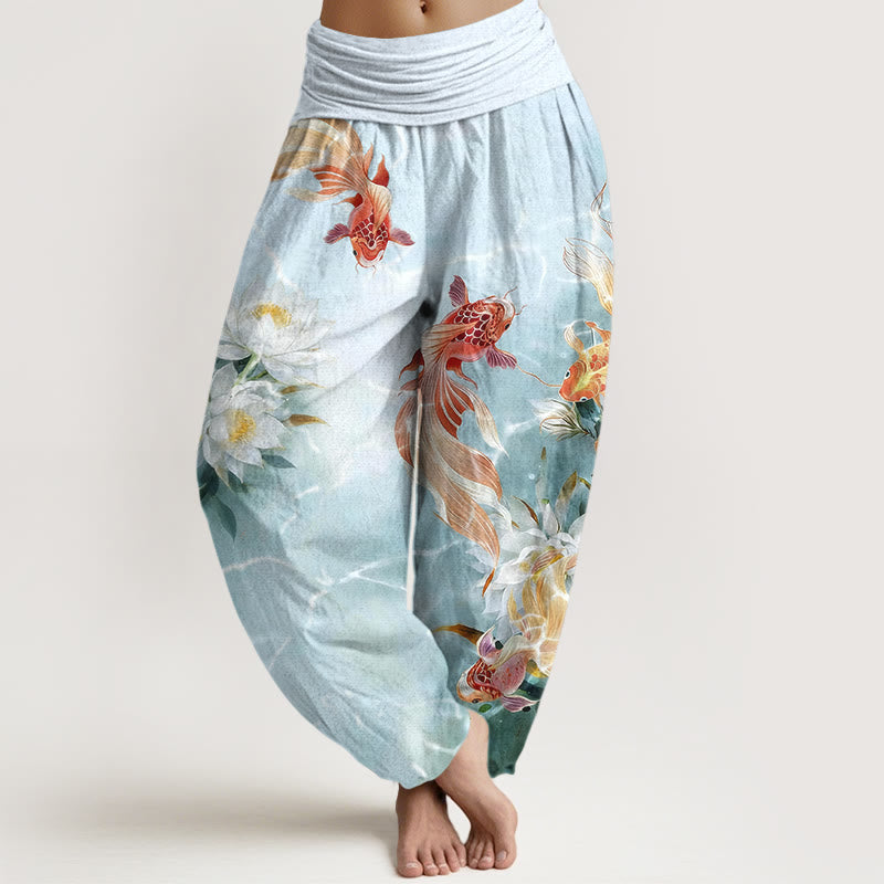Buddha Stones Harembroek voor dames met elastische Taille , licht van 100% Cotton , met koivissen en lotusbloemmotief. - Lichtcyaan - US16, UK/AU20, EU48 (3XL) - image 0