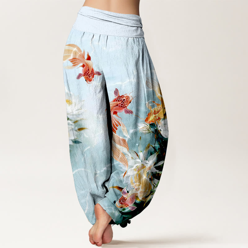 Buddha Stones Harembroek voor dames met elastische Taille , licht van 100% Cotton , met koivissen en lotusbloemmotief. - image 1