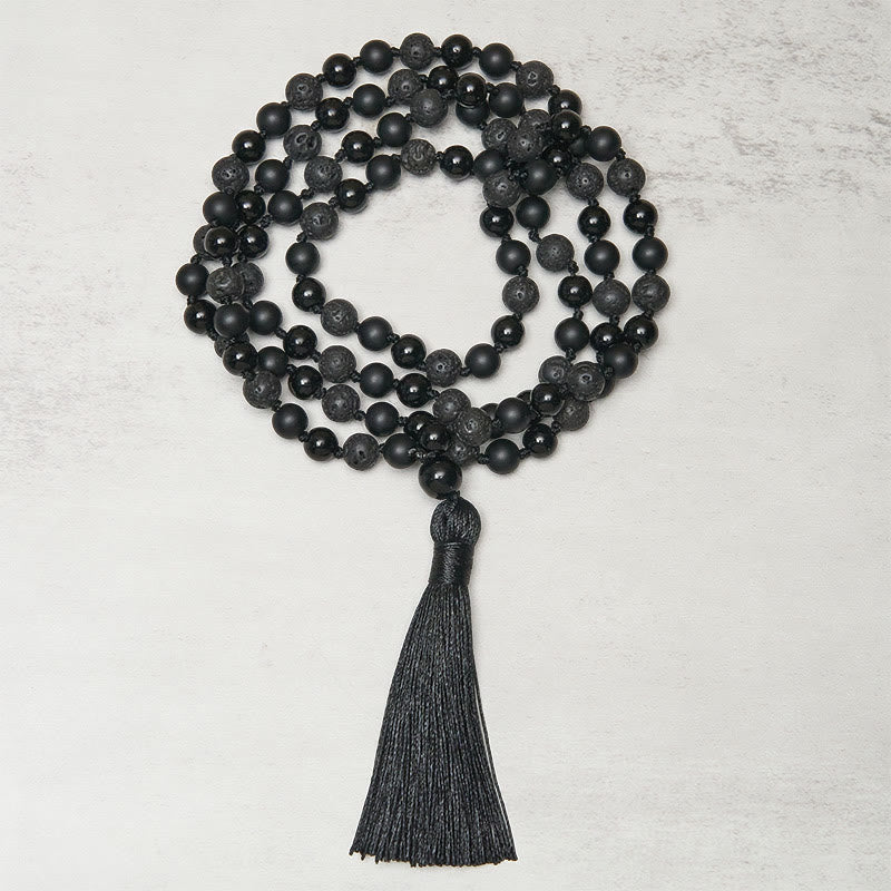 Buddha Stones 8mm kralen zwarte onyx lavasteen kwastje bescherming geluk Mala - image 1