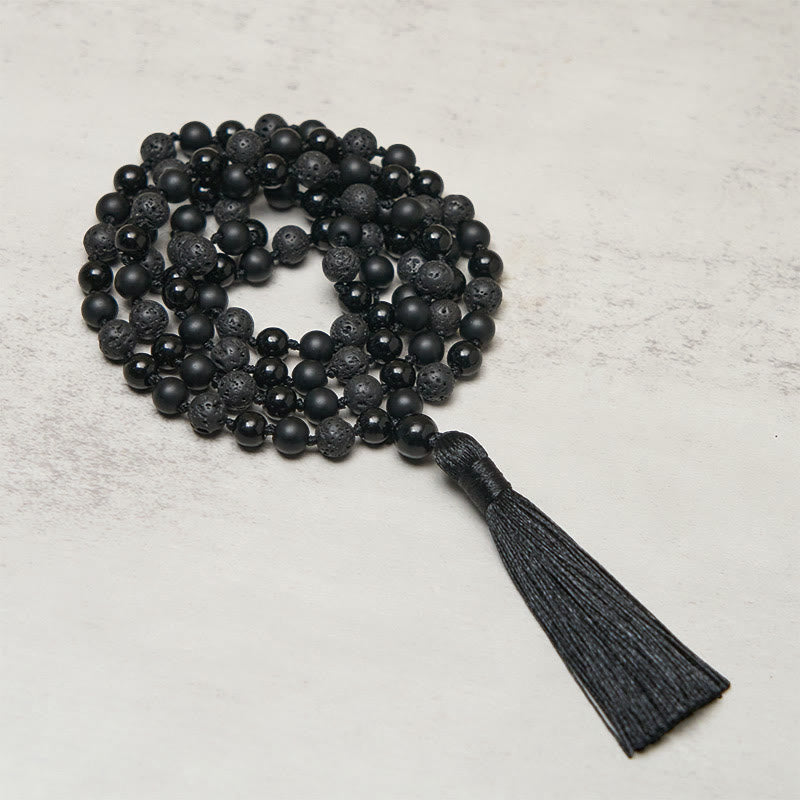 Buddha Stones 8mm kralen zwarte onyx lavasteen kwastje bescherming geluk Mala - Zwarte onyx en lavasteen - image 0