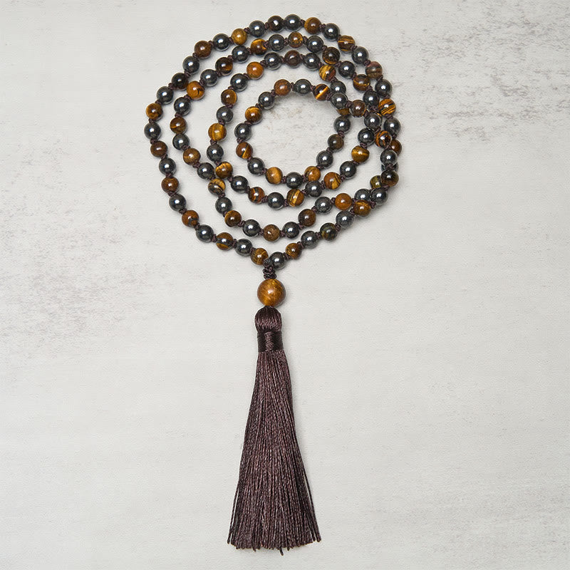 Buddha Stones Mala met 108 kralen, tijgeroog en hematiet, en een kwastje voor moed en kracht. - image 1