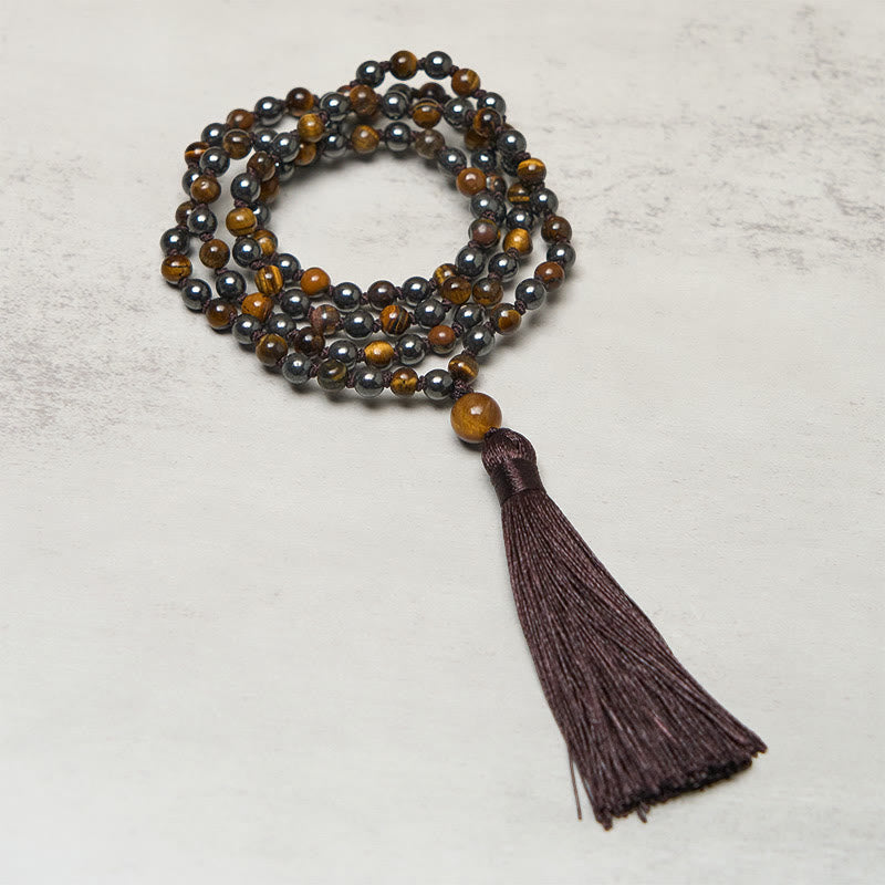 Buddha Stones Mala met 108 kralen, tijgeroog en hematiet, en een kwastje voor moed en kracht. - Tijgeroog & Hematiet - image 0