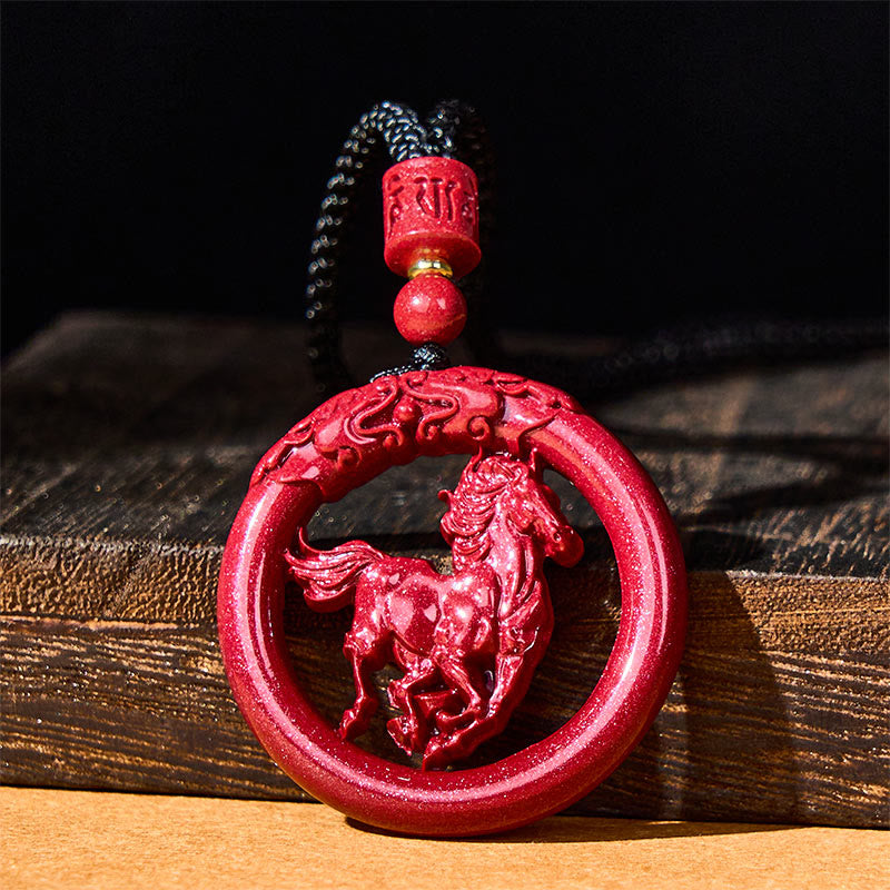 Buddha Stones Ketting met vredesgesp in de vorm van een gravure van het Jaar van het Paard, gemaakt van natuurlijk cinnaber - image 1