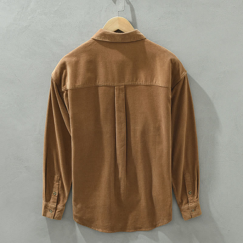 Buddha Stones Herfstversierde katoenen corduroy herenoverhemd met opstaande kraag, knoopsluiting en Lange mouw voor de herfst. - image 1