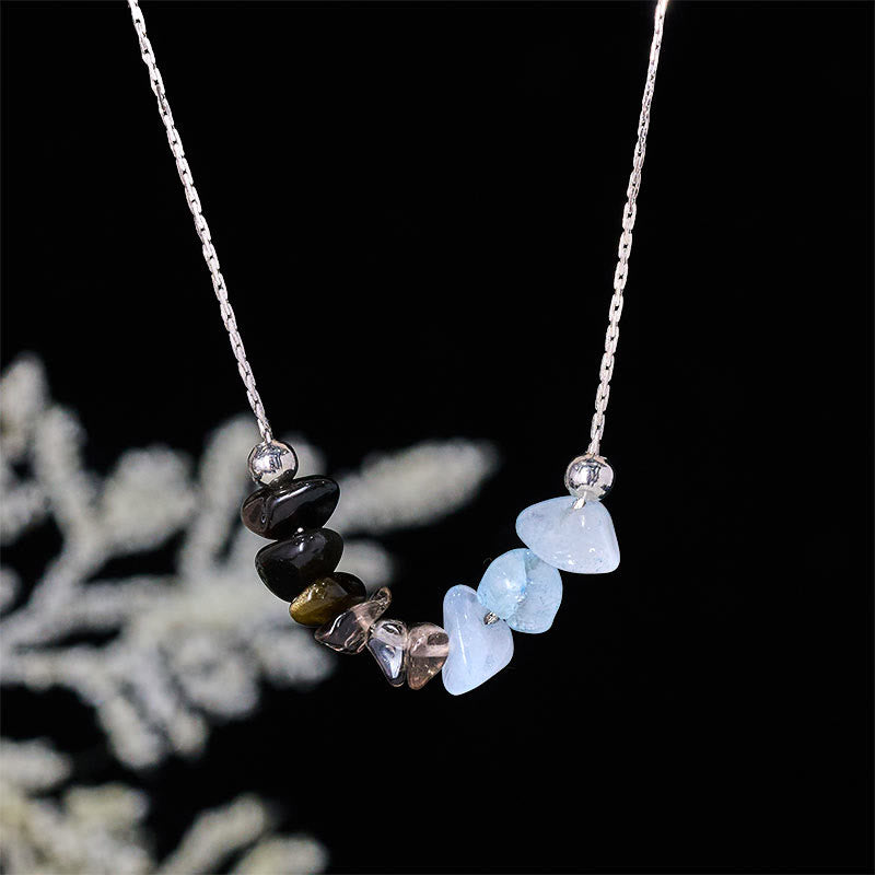 Buddha Stones Ketting met zwarte obsidiaan, rookkwarts, granaat, aquamarijn, aardbeikwarts en roze kristallen. - Zwarte obsidiaan, rookkwarts, aquamarijn - image 0