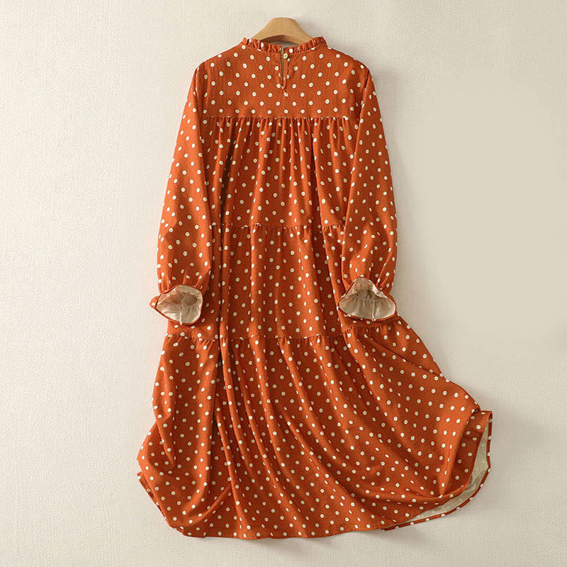 Buddha Stones Midi -jurk met ronde hals en Lange mouw voor dames met stippenprint voor de herfst - image 1