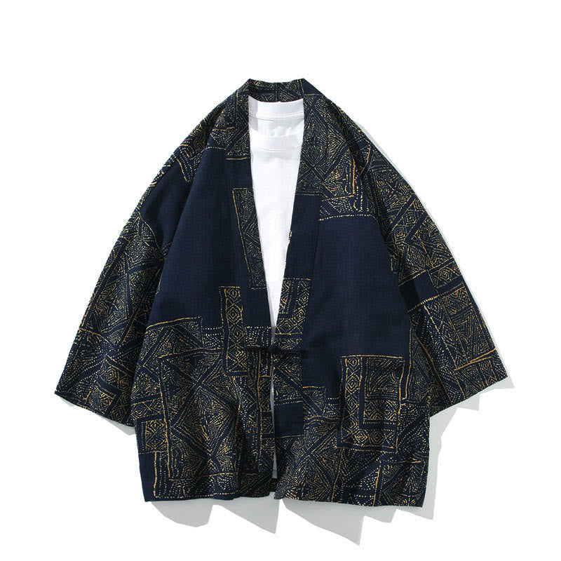 Buddha Stones Geometrisch bloemenpatroon, strepen, vlinder, inkt, open voorkant, halflange Mouwlengte, jasje, herenkimono - Vierkant blauw - US/UK/AU46, EU56 (5XL) - image 0
