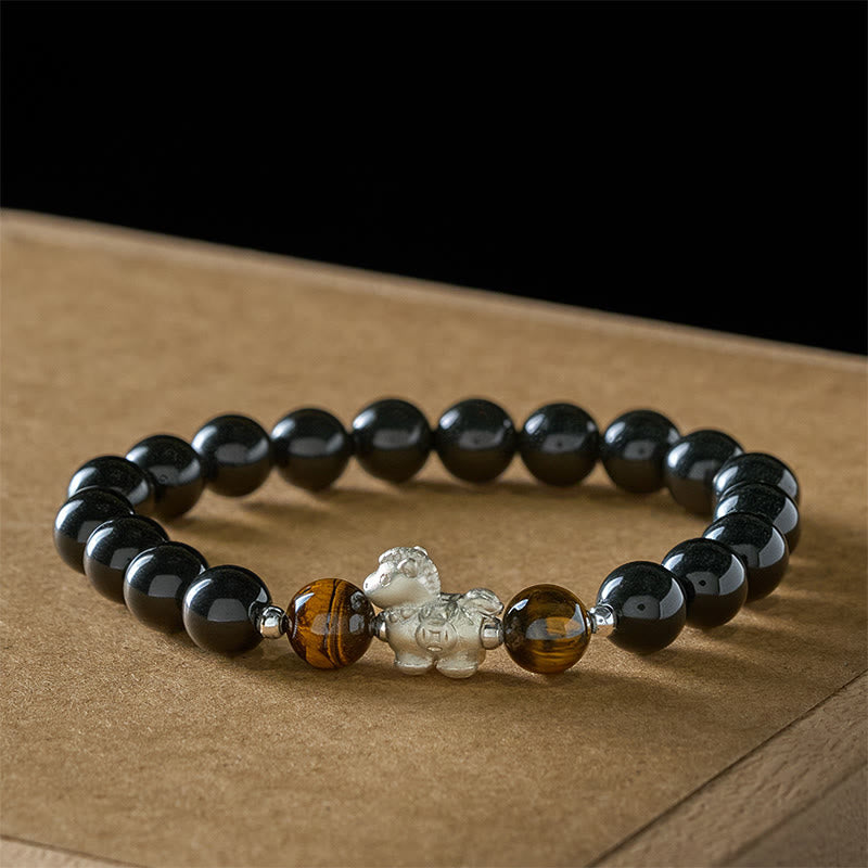 Buddha Stones Jaar van het Paard 999 Sterling Zilveren Paardenbedel Zwarte Obsidiaan Tijgeroog Armband - image 1