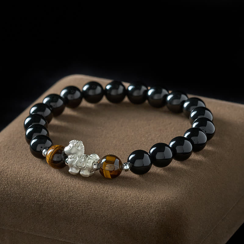 Buddha Stones Jaar van het Paard 999 Sterling Zilveren Paardenbedel Zwarte Obsidiaan Tijgeroog Armband - 10mm - image 0