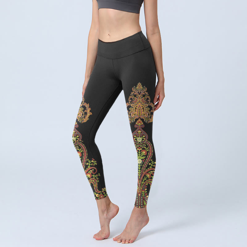 Buddha Stones Veelkleurige paisley bloemenprint gymlegging/yogabroek voor dames - Zwart - US18, UK/AU22, EU50 (4XL) - image 0