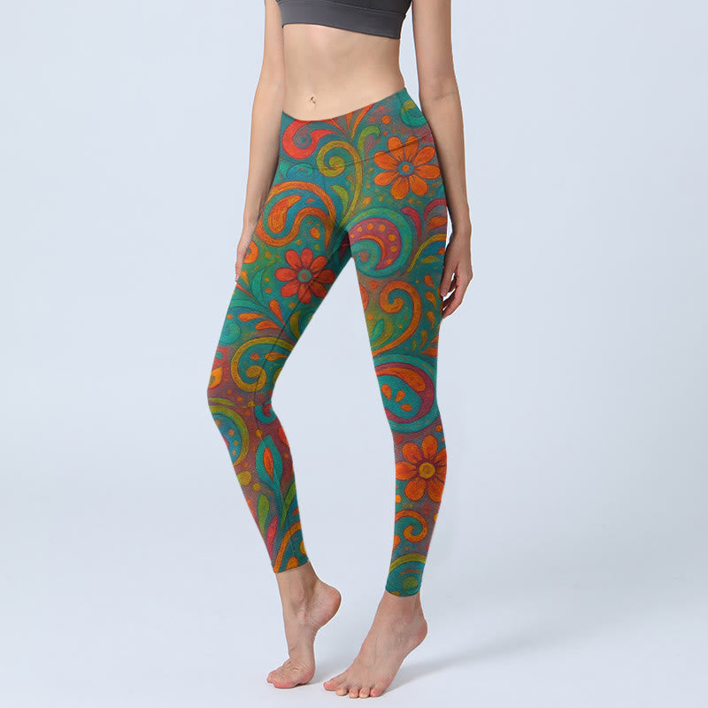 Buddha Stones Sportlegging/yogabroek voor dames met levendige, wervelende bloemen- en paisleyprint - Middelgroot aquamarijn - US18, UK/AU22, EU50 (4XL) - image 0