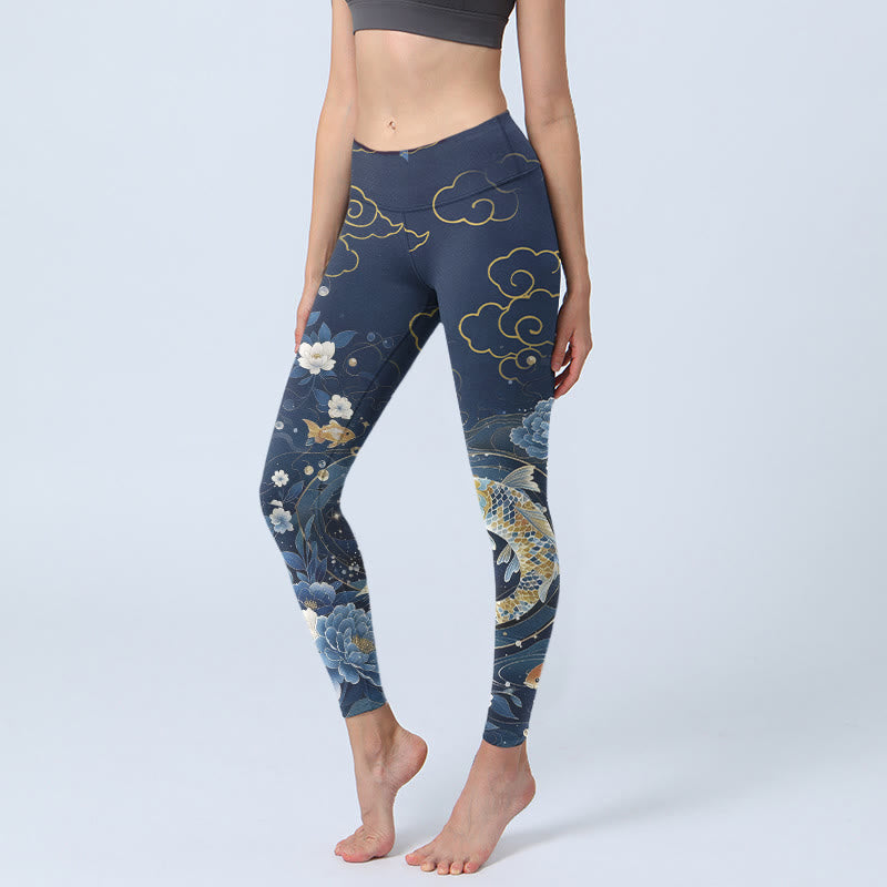 Buddha Stones Sportlegging voor dames met blauw-witte pioenbloemen en koi-visprint, geschikt voor de sportschool. - Staalblauw - US18, UK/AU22, EU50 (4XL) - image 0