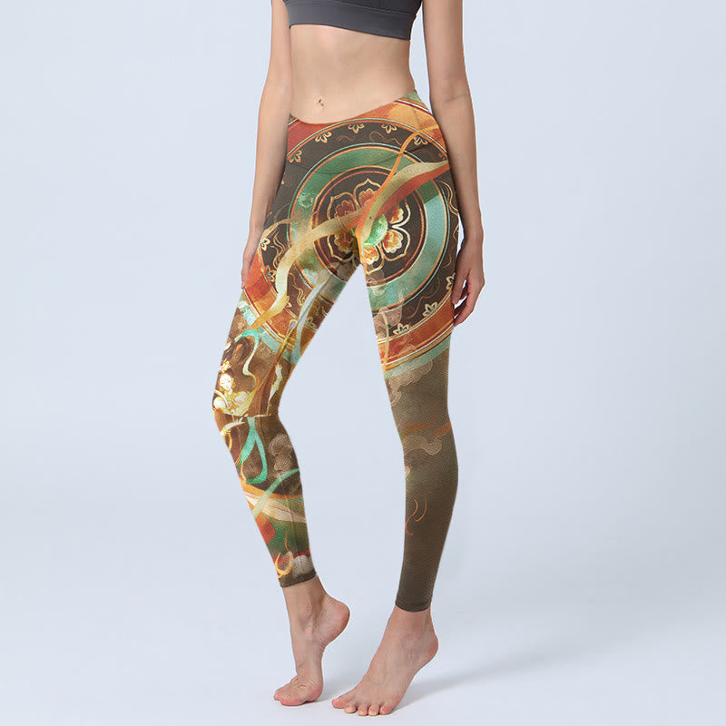 Buddha Stones Dunhuang Flying Apsaras Mandala Print Gym Leggings Dames Yoga Broek - Donker kaki - US18, UK/AU22, EU50 (4XL) - image 0