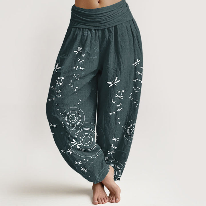 Buddha Stones Harembroek voor dames met elastische Taille en cirkelvormige lijnen van libelle , 100% Cotton - CadetBlue - US16, UK/AU20, EU48 (3XL) - image 0