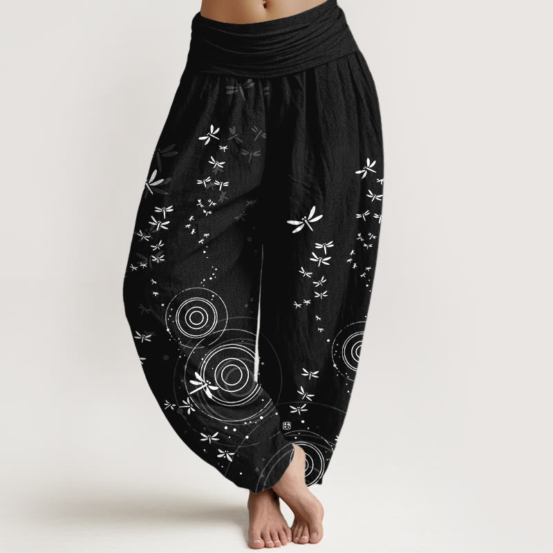 Buddha Stones Harembroek voor dames met elastische Taille en cirkelvormige lijnen van libelle , 100% Cotton - Zwart - US16, UK/AU20, EU48 (3XL) - image 8