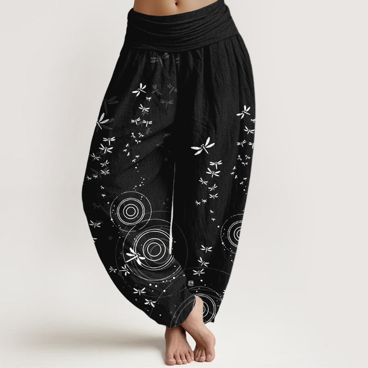 Buddha Stones Harembroek voor dames met elastische Taille en cirkelvormige lijnen van libelle , 100% Cotton - Zwart - US16, UK/AU20, EU48 (3XL) - image 8