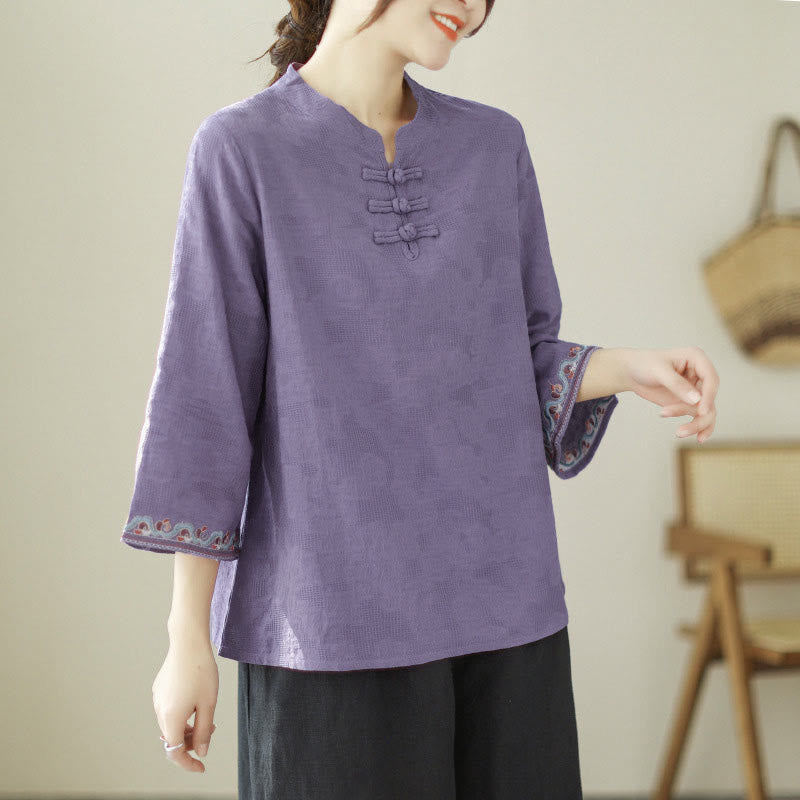 Buddha Stones Dames katoenen overhemd met jacquardprint, opstaande kraag, kikkerknopen en Mouwlengte design, driekwartmouwen. - Blauwviolet - US8-10，UK/AU12-14，EU40-42 (2XL) - image 0