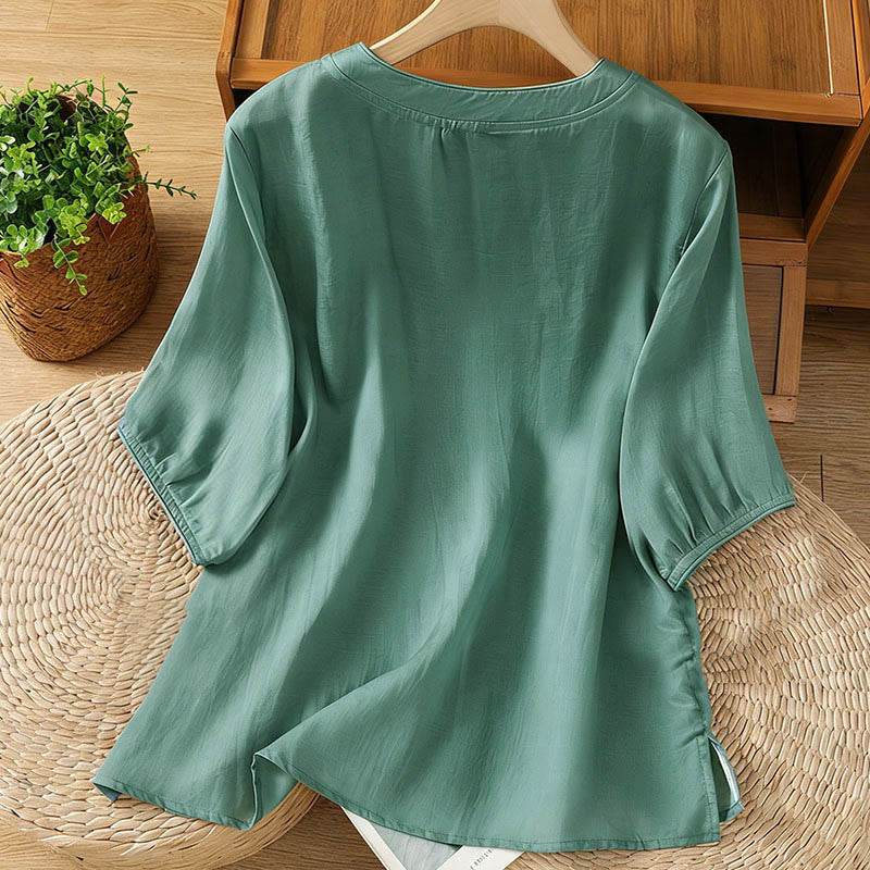 Buddha Stones Damesblouse met kikkerknopen, opstaande kraag, geborduurde bloemen, elastische Mouwboord en driekwartmouwen . - image 1