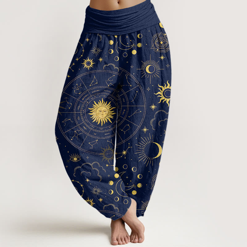 Buddha Stones Prachtige katoenen harembroek met zon-, maan-, sterren- en wolkenpatroon voor dames, elastische Taille - Marine - US16, UK/AU20, EU48 (3XL) - image 0