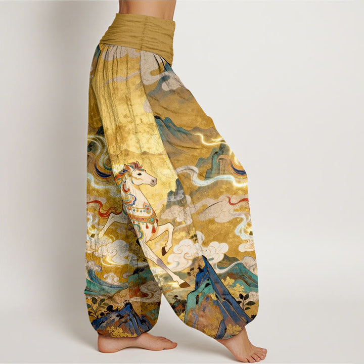 Buddha Stones Prachtige katoenen harembroek met bergpaarden- en wolkenpatroon voor dames, elastische Taille - image 2