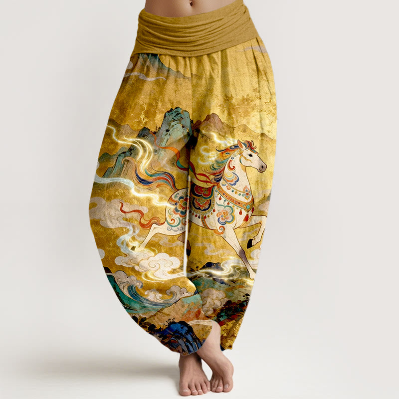 Buddha Stones Prachtige katoenen harembroek met bergpaarden- en wolkenpatroon voor dames, elastische Taille - Guldenroede - US16, UK/AU20, EU48 (3XL) - image 0