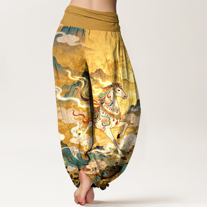 Buddha Stones Prachtige katoenen harembroek met bergpaarden- en wolkenpatroon voor dames, elastische Taille - image 1