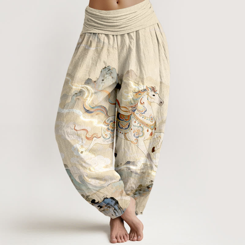 Buddha Stones Prachtige katoenen harembroek met bergpaarden- en wolkenpatroon voor dames, elastische Taille - Lichtgoudgeel - US16, UK/AU20, EU48 (3XL) - image 5