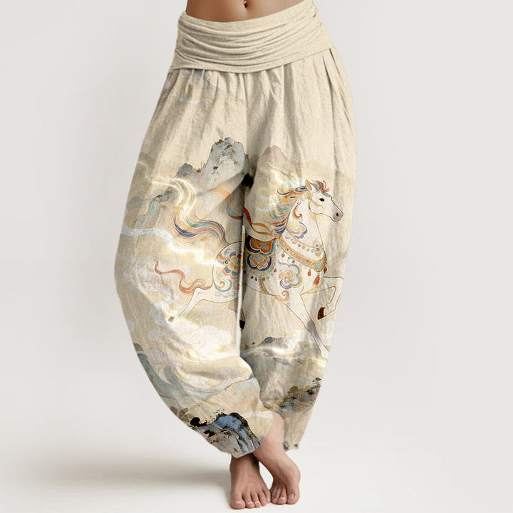 Buddha Stones Prachtige katoenen harembroek met bergpaarden- en wolkenpatroon voor dames, elastische Taille - Lichtgoudgeel - US16, UK/AU20, EU48 (3XL) - image 5