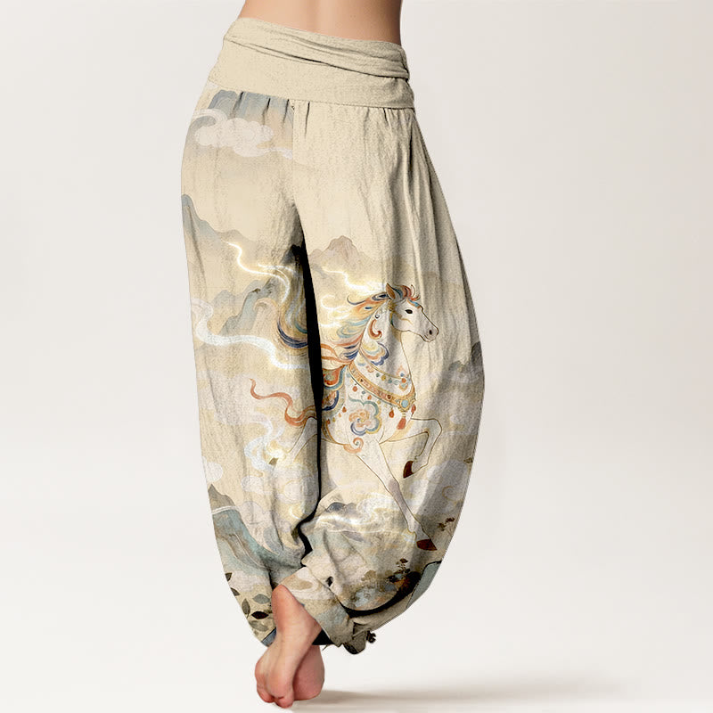 Buddha Stones Prachtige katoenen harembroek met bergpaarden- en wolkenpatroon voor dames, elastische Taille - image 6