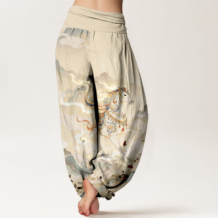 Buddha Stones Prachtige katoenen harembroek met bergpaarden- en wolkenpatroon voor dames, elastische Taille - image 6