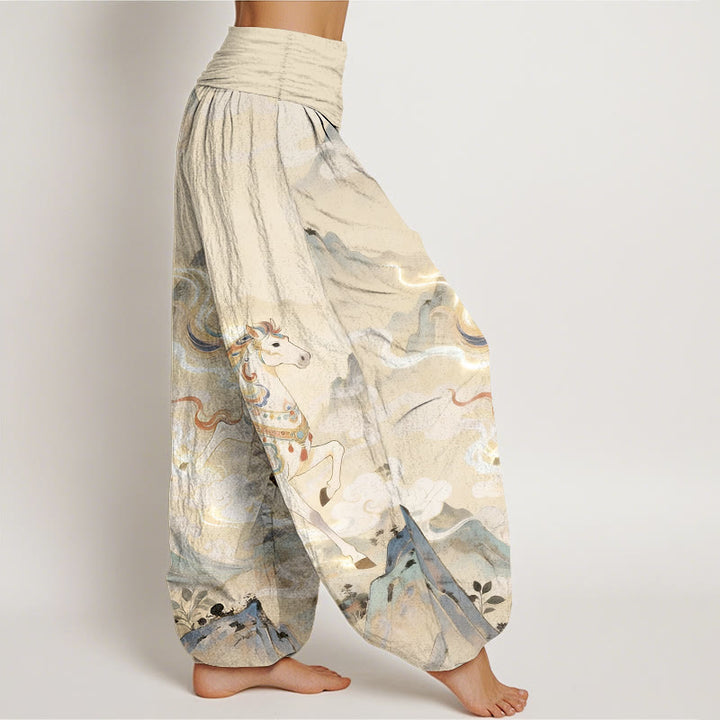 Buddha Stones Prachtige katoenen harembroek met bergpaarden- en wolkenpatroon voor dames, elastische Taille - image 7