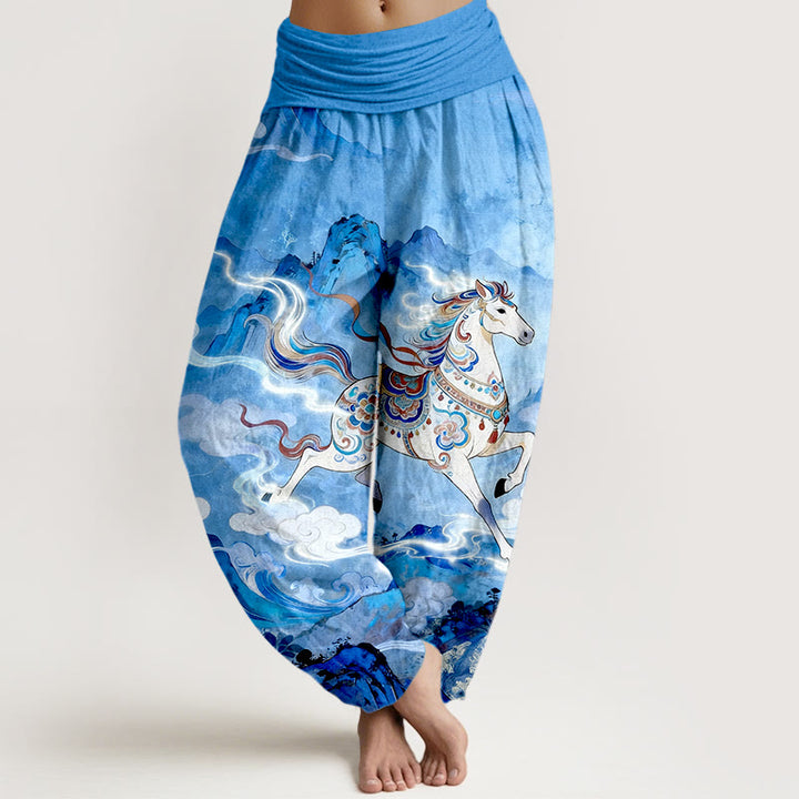 Buddha Stones Prachtige katoenen harembroek met bergpaarden- en wolkenpatroon voor dames, elastische Taille - DodgerBlue - US16, UK/AU20, EU48 (3XL) - image 8