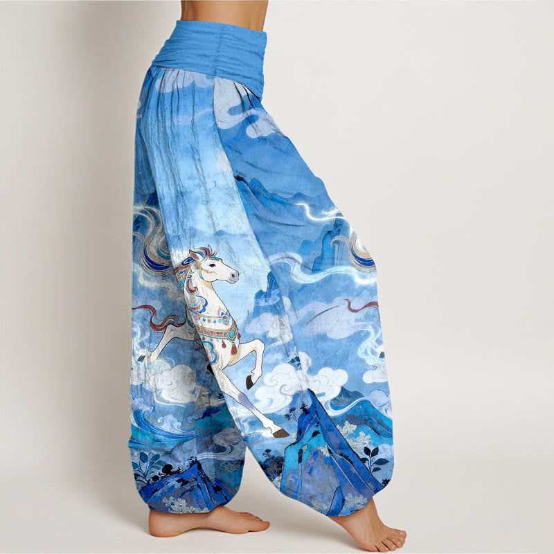 Buddha Stones Prachtige katoenen harembroek met bergpaarden- en wolkenpatroon voor dames, elastische Taille - image 10