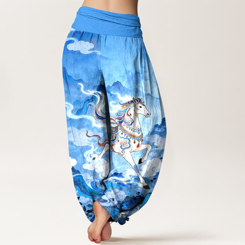 Buddha Stones Prachtige katoenen harembroek met bergpaarden- en wolkenpatroon voor dames, elastische Taille - image 9