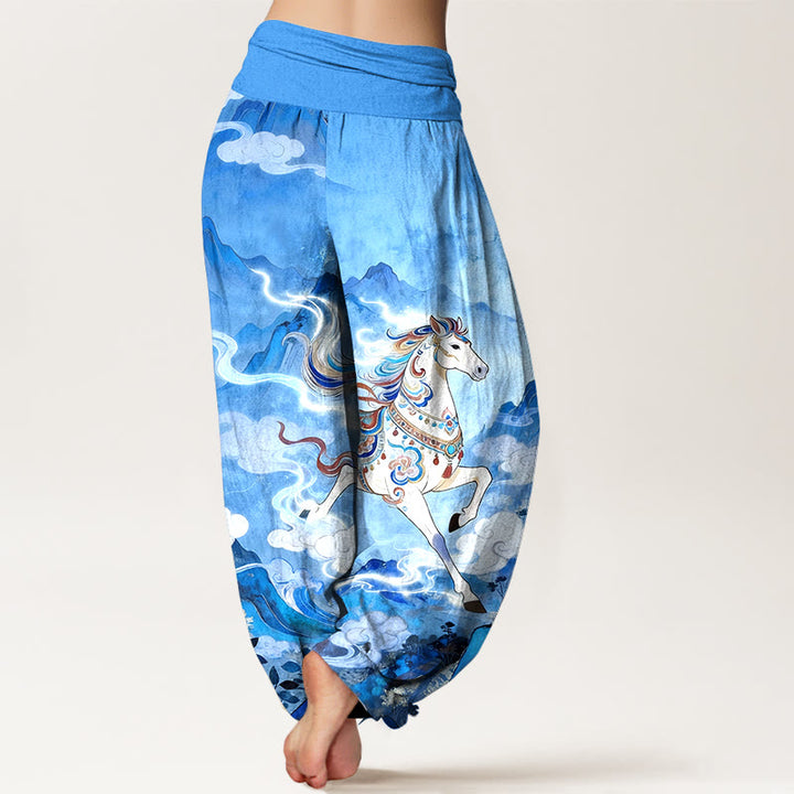 Buddha Stones Prachtige katoenen harembroek met bergpaarden- en wolkenpatroon voor dames, elastische Taille - image 9