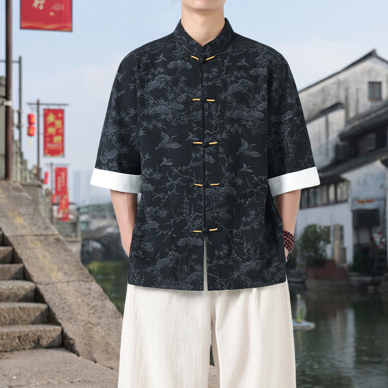 Buddha Stones Zomerse kraanvogel- en dennenboomprint Tang Suit herenoverhemd met Zakken , korte Mouwlengte en zakken. - Zwart - US/UK/AU46, EU56 (5XL) - image 0