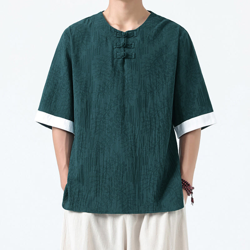 Buddha Stones Herenoverhemd met kikkerknopen en graspatroon, Tang Suit, katoenen overhemd met korte Mouwlengte . - Donkerblauw - US/UK/AU46, EU56 (5XL) - image 0