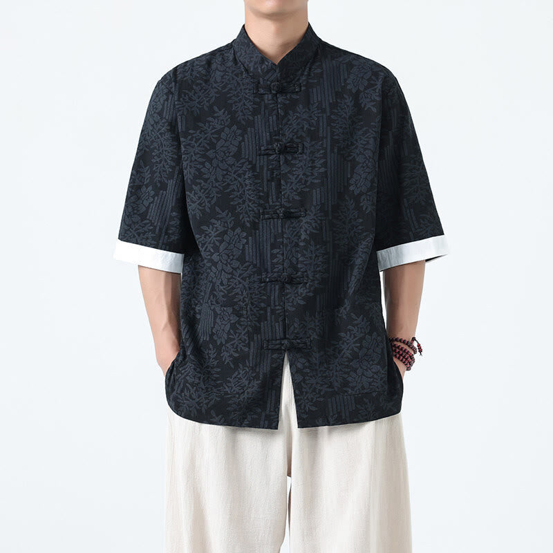 Buddha Stones Herenoverhemd met Zakken en Mouwlengte , met zomerbloemen en graspatroon, Tang Suit-stijl. - image 1