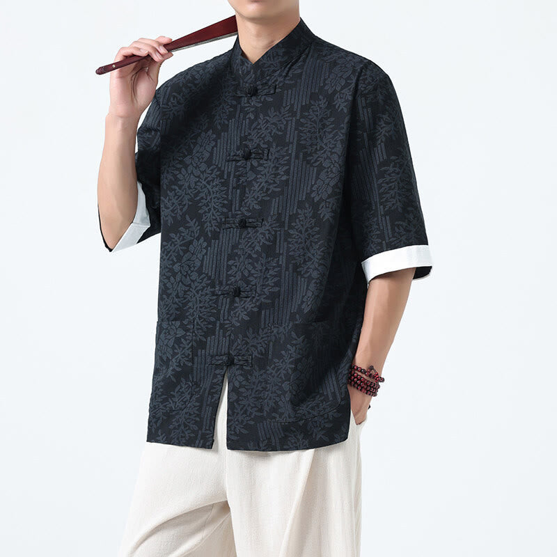 Buddha Stones Herenoverhemd met Zakken en Mouwlengte , met zomerbloemen en graspatroon, Tang Suit-stijl. - Zwart - US/UK/AU46, EU56 (5XL) - image 0