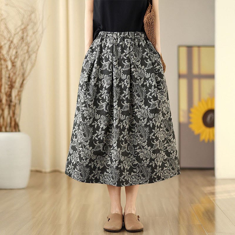 Buddha Stones A-lijn damesrok met elastische Taille , bedrukt met bloemen- en paisleyprint en Zakken . - image 0