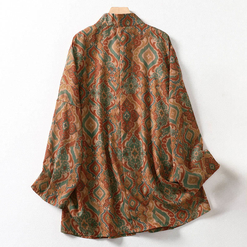 Buddha Stones Damesblouse met Lange mouw, opstaande kraag en zakken, bedrukt met Chinese Zakken . - image 1