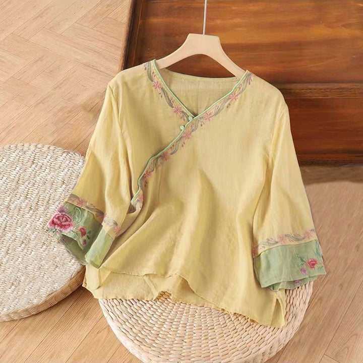 Buddha Stones Damesoverhemd met opstaande kraag, geborduurde knopen en Mouwlengte . - Khaki - US12, UK/AU16, EU 44 (4XL) - image 4