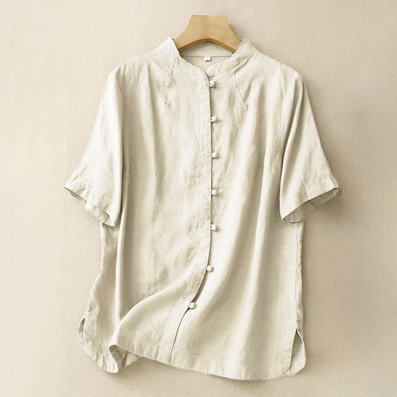Buddha Stones zomer dames shirt met Korte mouw, opstaande kraag, zijsplit en kikkerknopen. - Lichtgeel - US8-10，UK/AU12-14，EU40-42 (2XL) - image 0