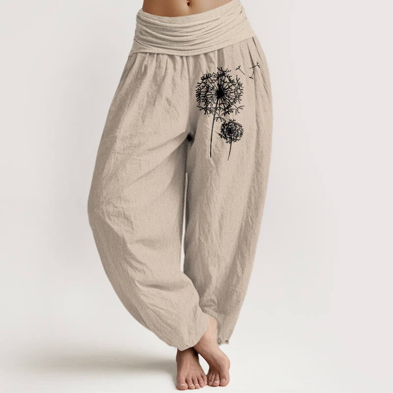 Buddha Stones Harembroek voor dames met elastische Taille , minimalistisch model van 100% Cotton met paardenbloemmotief. - Bruinen - US16, UK/AU20, EU48 (3XL) - image 0