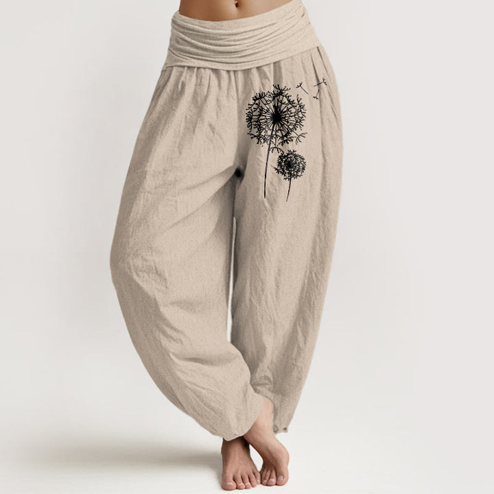 Buddha Stones Harembroek voor dames met elastische Taille , minimalistisch model van 100% Cotton met paardenbloemmotief. - Bruinen - US16, UK/AU20, EU48 (3XL) - image 0