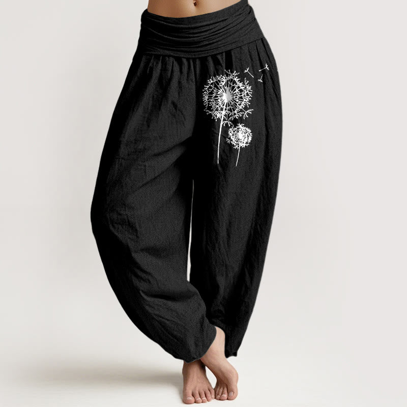 Buddha Stones Harembroek voor dames met elastische Taille , minimalistisch model van 100% Cotton met paardenbloemmotief. - Zwart - US16, UK/AU20, EU48 (3XL) - image 5