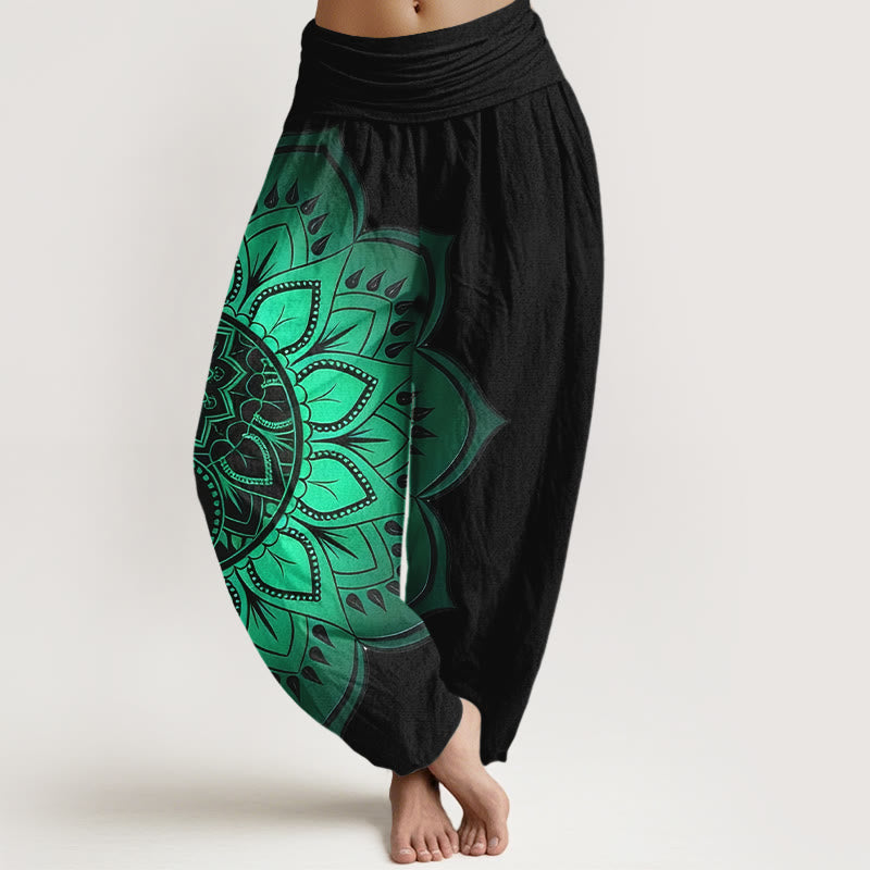 Buddha Stones Dames harembroek met elastische Taille en symmetrisch mandala-patroon van katoen - Zwart - US16, UK/AU20, EU48 (3XL) - image 0